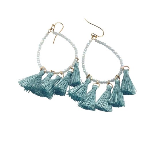Teal Tassel Beaded Hoop Earrings With Gold Hooks Long Bohemian Statement Jewelry - Picture 2 of 8